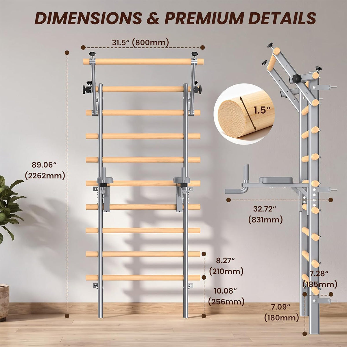 C107 Swedish Ladder Stall Bar Wall Mounted With Pull Up Bar